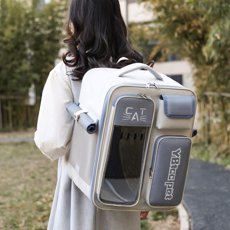 Mochila ventilada com visor para transporte de gatos